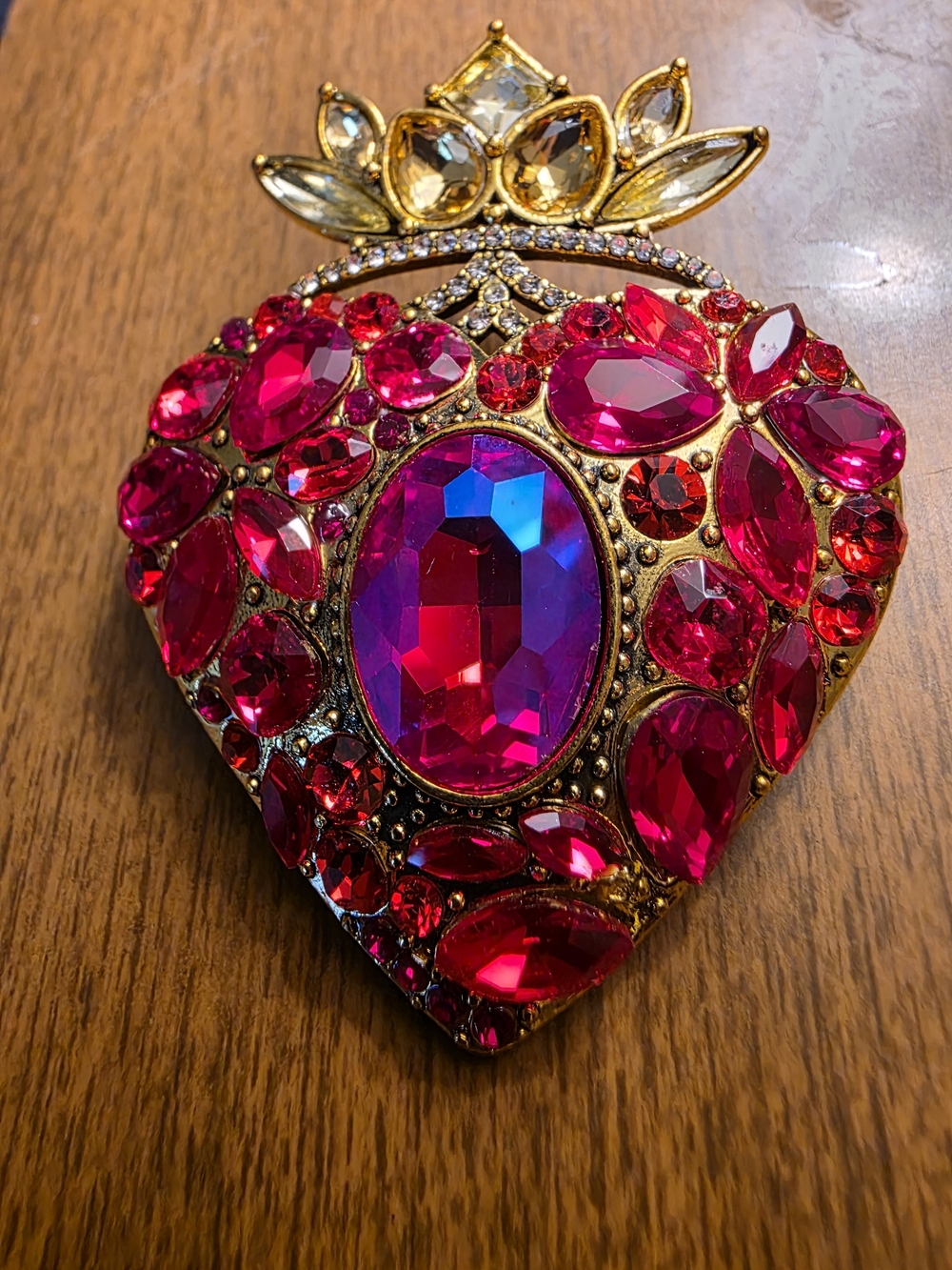 Gold-Tone Heart Brooch with Hot Pink and Red Crystal Accents